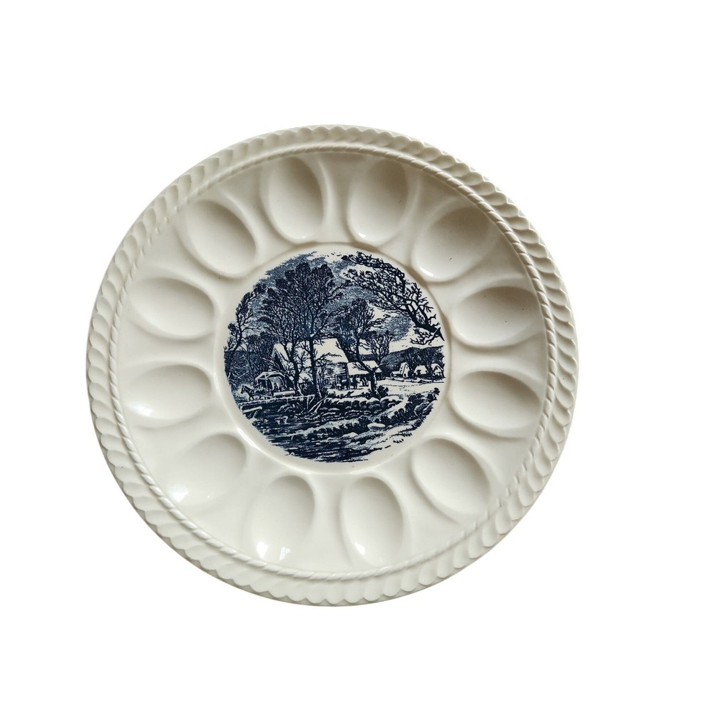 Royal China Co Currier & Ives Ceramix Deviled Egg Plate Blue & White RARE